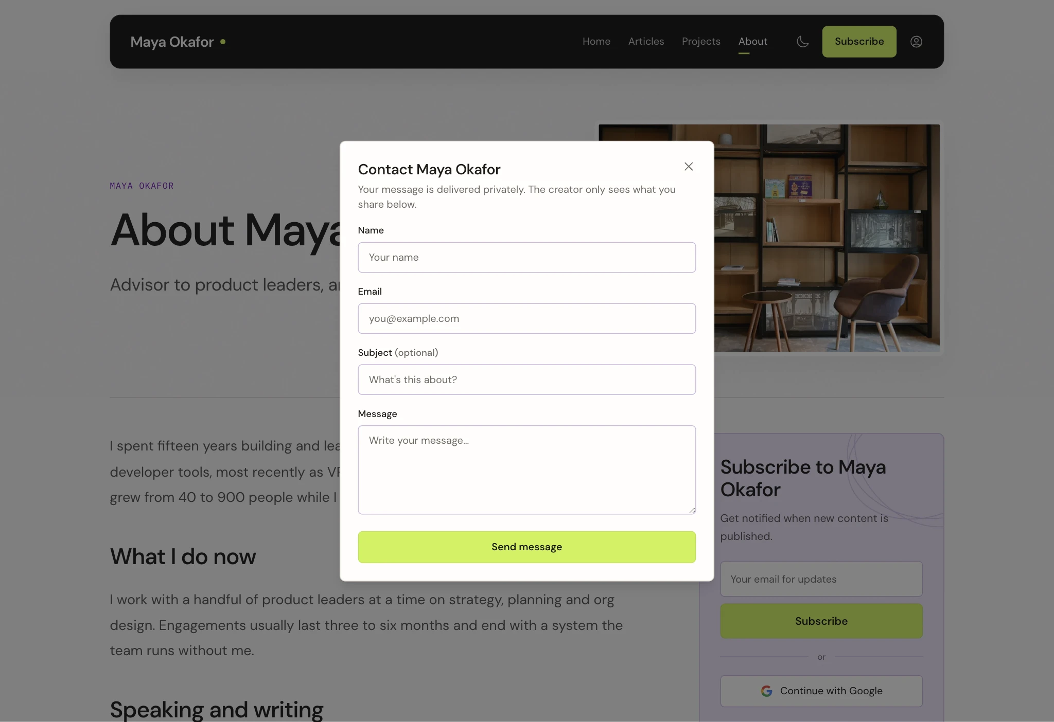 The contact form on Maya Okafor’s about page, which delivers a reader’s message privately