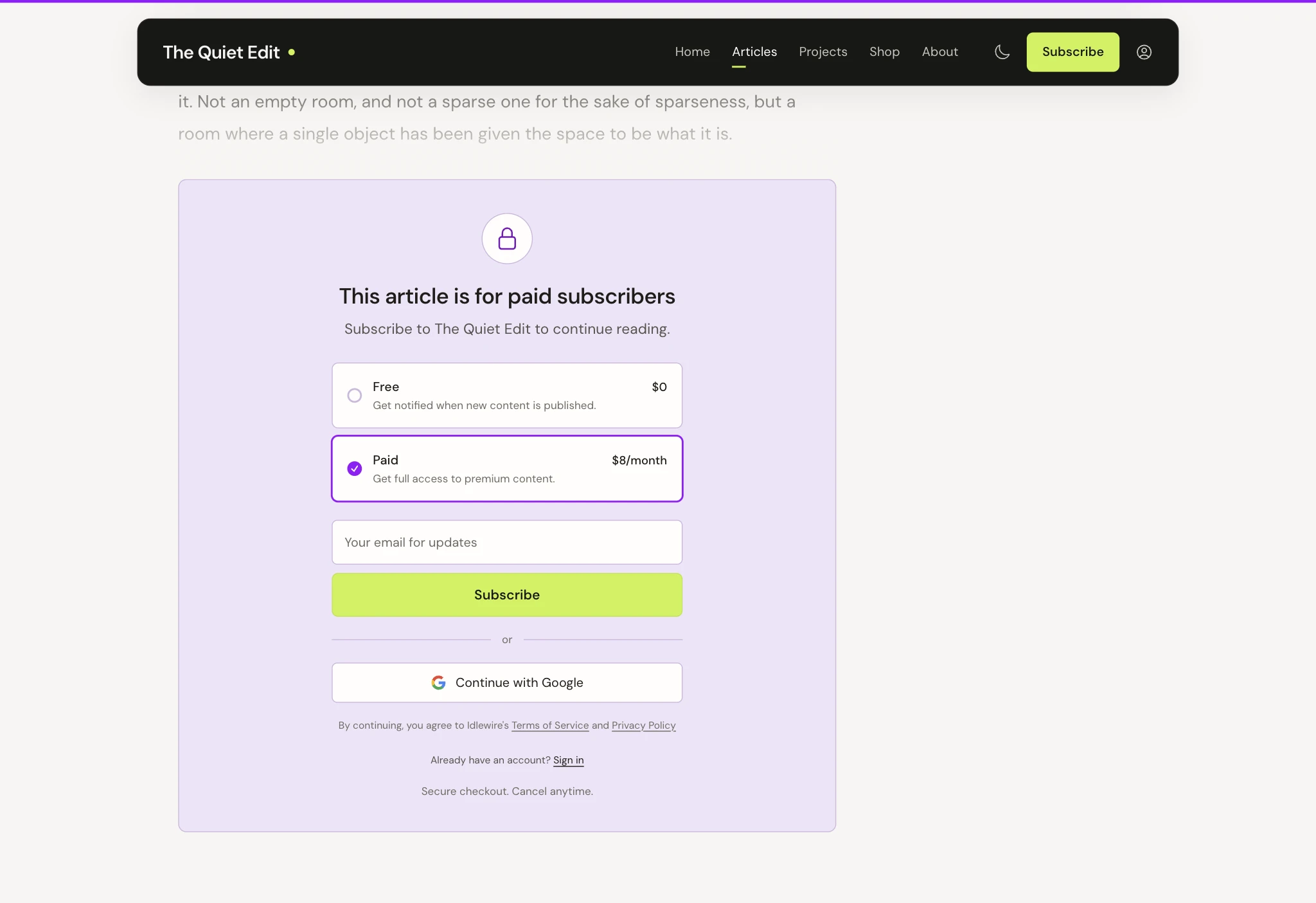 A paid article on The Quiet Edit, with the offer to subscribe for $8 a month