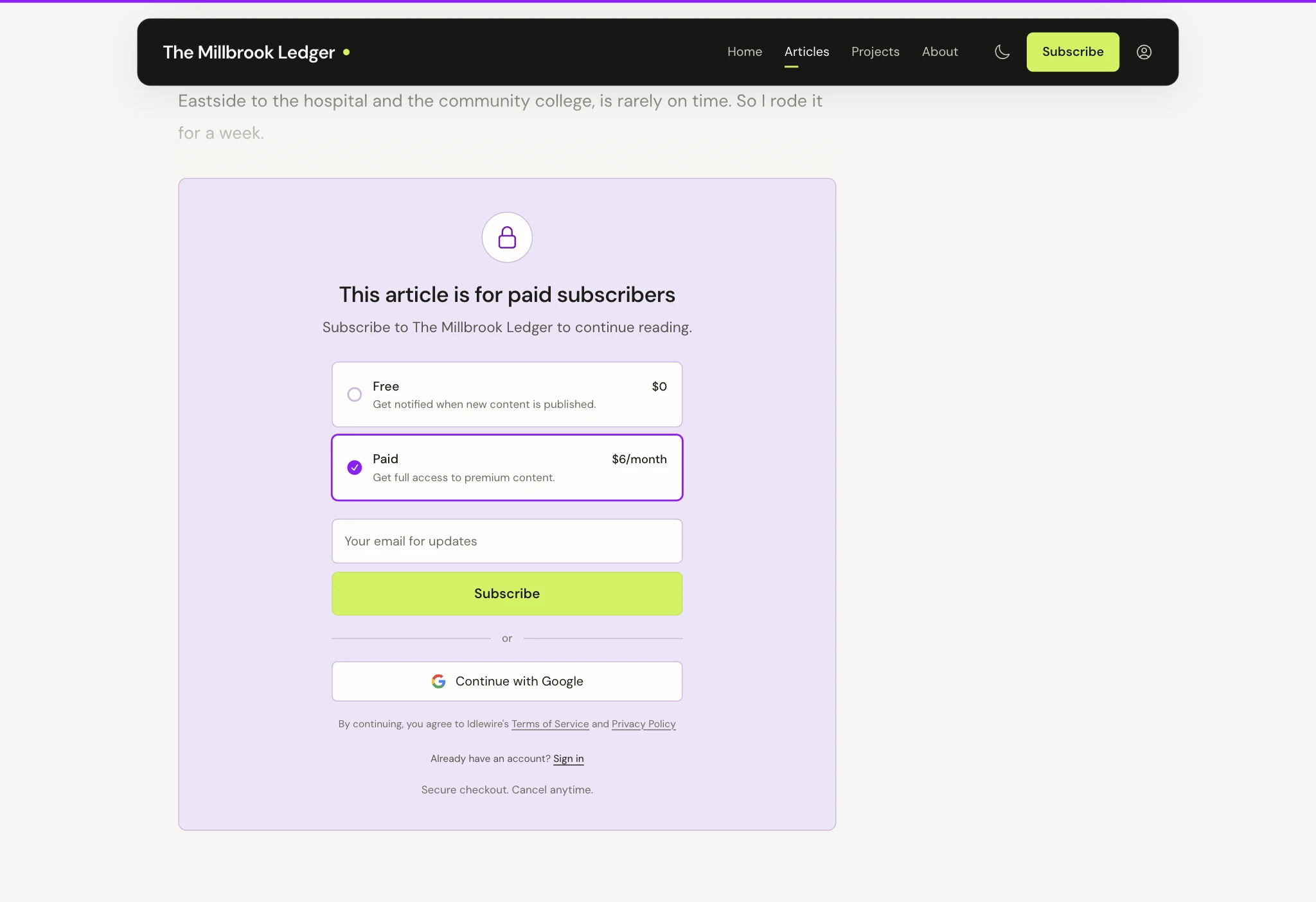 A paid story on The Millbrook Ledger, with the offer to subscribe for $6 a month