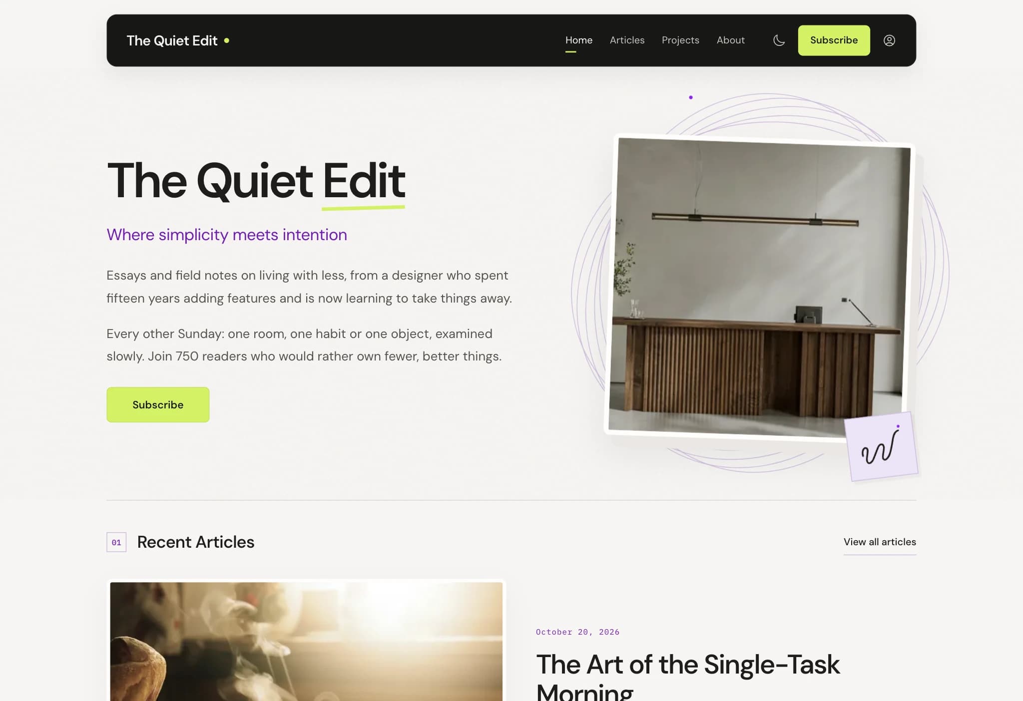 Homepage of The Quiet Edit, an example creator publication on Idlewire