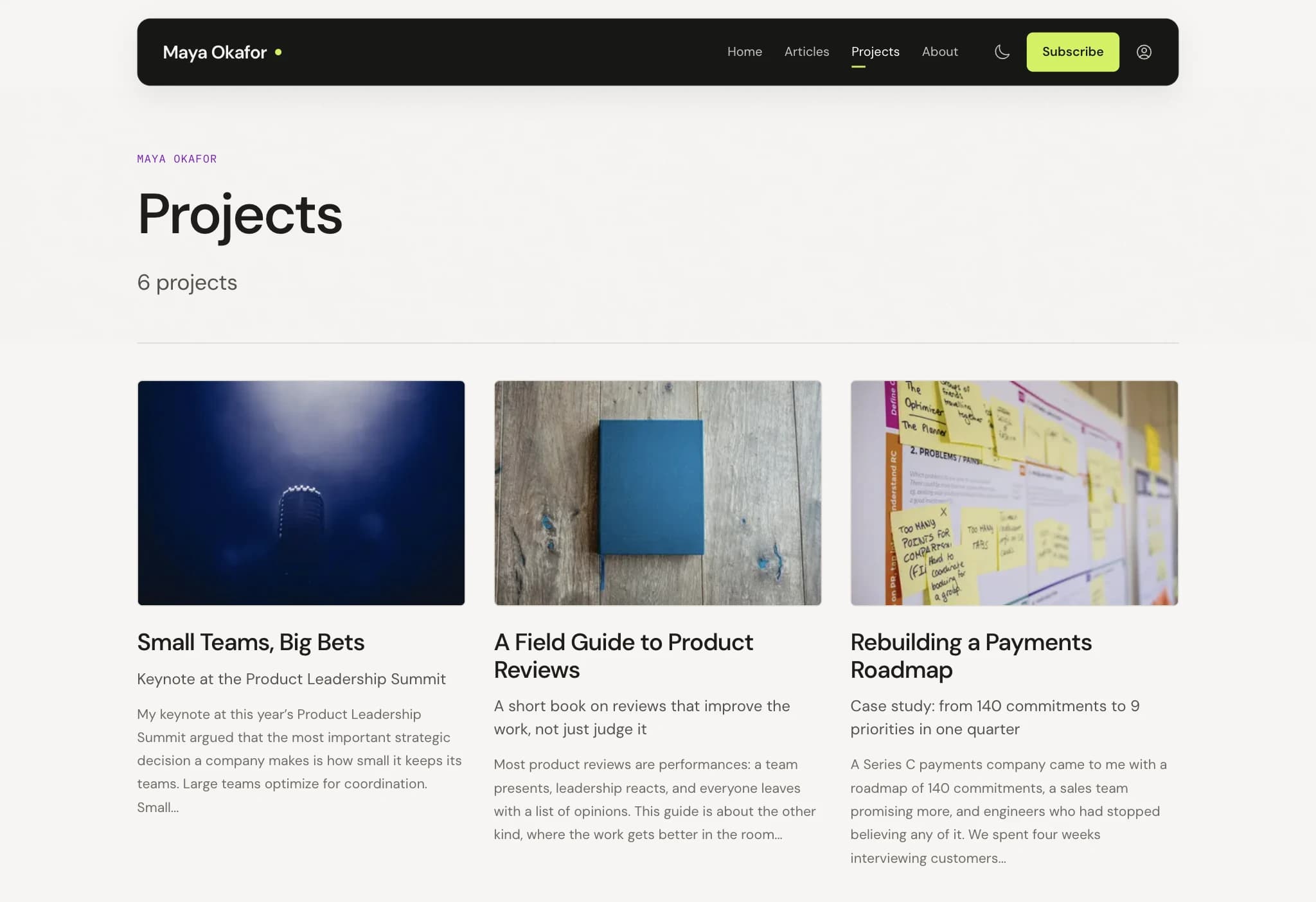 Projects page of Maya Okafor, an example expert portfolio on Idlewire