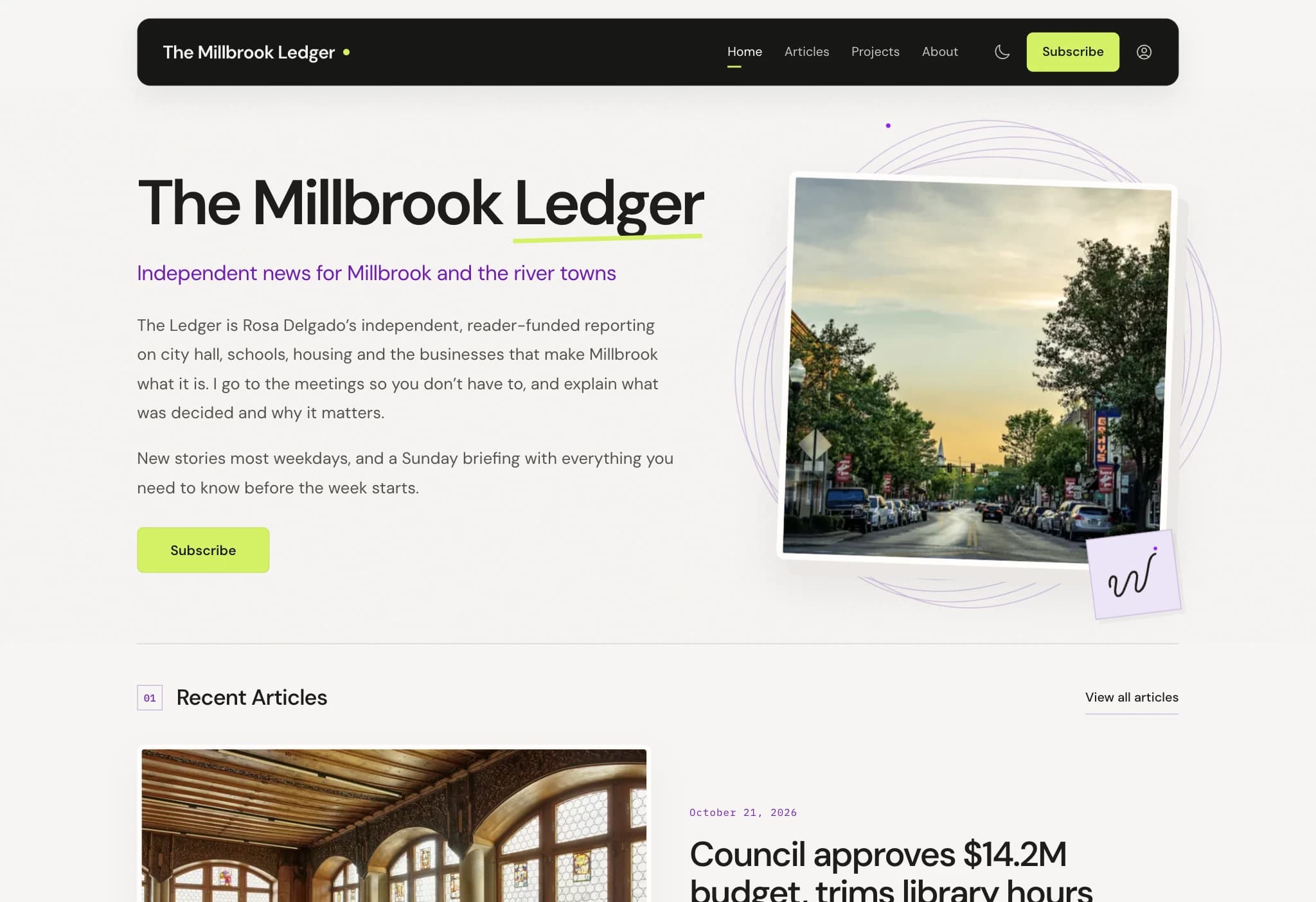 Homepage of The Millbrook Ledger, an example local news publication on Idlewire