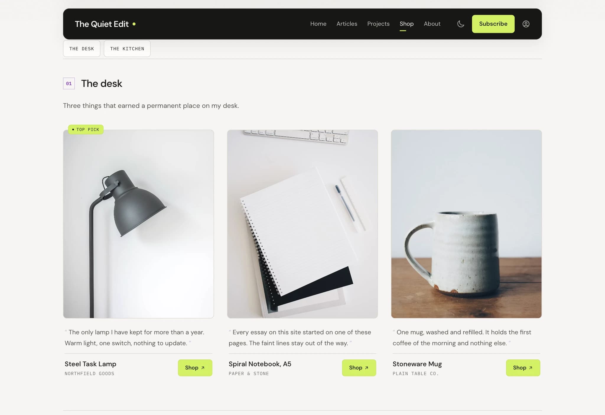 The shop on The Quiet Edit: a short list of products, each with a note from the writer
